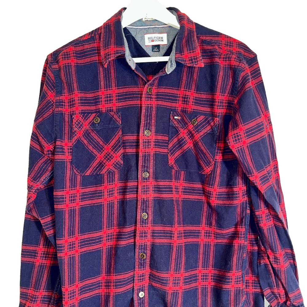 Tommy Hilfiger Red & Navy Plaid Flannel Shirt, Size L